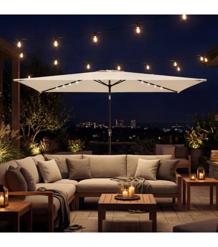 Sombrilla de Jardín con 24 Luces LED Solares Dosel Inclinable Poste Metálico 2,9x2,5 m Crema