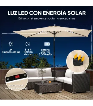 Sombrilla con 24 Luces LED Solares e Inclinación Ajustable, Crema