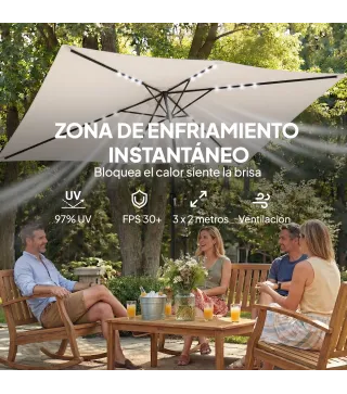 Sombrilla con 24 Luces LED Solares e Inclinación Ajustable, Crema