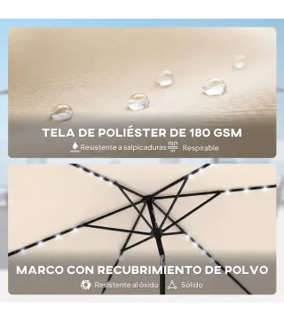Sombrilla con 24 Luces LED Solares e Inclinación Ajustable, Crema