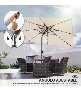 Sombrilla con 24 Luces LED Solares e Inclinación Ajustable, Crema
