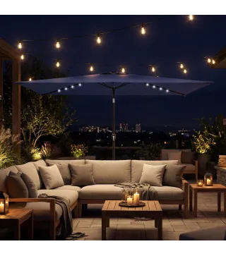 Sombrilla de Jardín con 24 Luces LED Solares Dosel Inclinable Poste Metálico 2,9x2,5 m Azul Oscuro