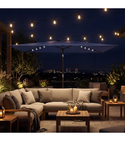 Sombrilla de Jardín con 24 Luces LED Solares Dosel Inclinable Poste Metálico 2,9x2,5 m Azul Oscuro