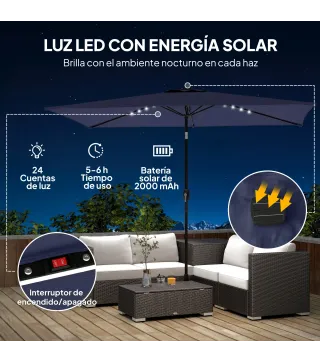 Sombrilla con 24 Luces LED Solares e Inclinación Ajustable, Azul Oscuro