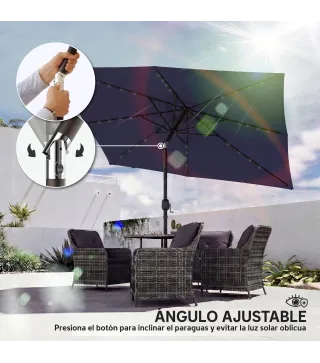 Sombrilla con 24 Luces LED Solares e Inclinación Ajustable, Azul Oscuro