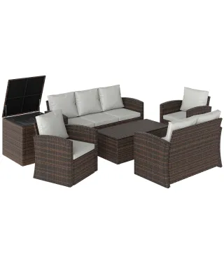 Conjunto de Jardín Exterior de Ratán 6 Piezas Cojines Sofá Doble Sofá 3 Plazas 2 Sillones 2 Mesas Auxiliares Beige