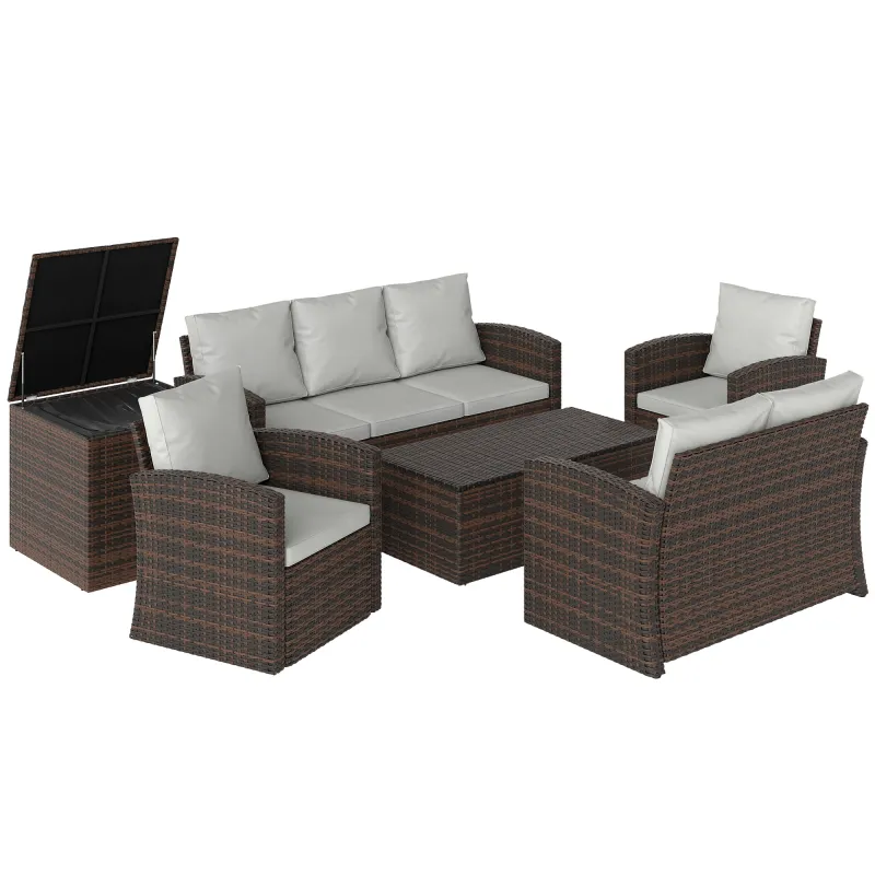 Conjunto de Jardín Exterior de Ratán 6 Piezas Cojines Sofá Doble Sofá 3 Plazas 2 Sillones 2 Mesas Auxiliares Beige