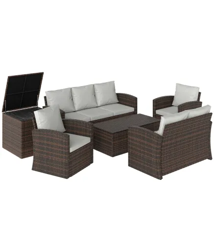 Conjunto de Jardín Exterior de Ratán 6 Piezas Cojines Sofá Doble Sofá 3 Plazas 2 Sillones 2 Mesas Auxiliares Beige