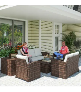 Conjunto de Jardín Exterior de Ratán 6 Piezas Cojines Sofá Doble Sofá 3 Plazas 2 Sillones 2 Mesas Auxiliares Beige