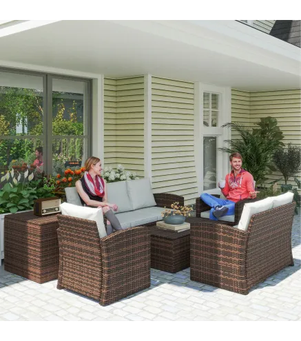 Conjunto de Jardín Exterior de Ratán 6 Piezas Cojines Sofá Doble Sofá 3 Plazas 2 Sillones 2 Mesas Auxiliares Beige