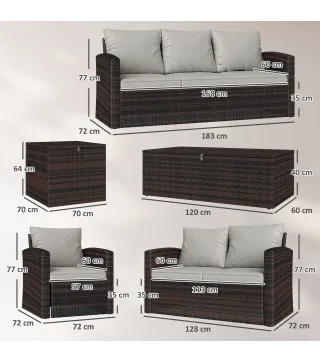 Conjunto de Jardín Exterior de Ratán 6 Piezas Cojines Sofá Doble Sofá 3 Plazas 2 Sillones 2 Mesas Auxiliares Beige