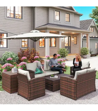 Conjunto de Jardín Exterior de Ratán 6 Piezas Cojines Sofá Doble Sofá 3 Plazas 2 Sillones 2 Mesas Auxiliares Beige