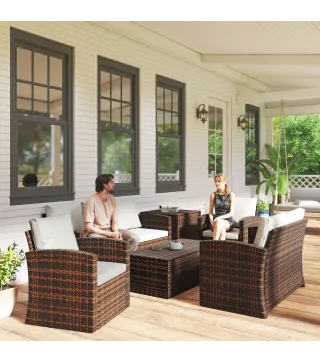 Conjunto de Jardín Exterior de Ratán 6 Piezas Cojines Sofá Doble Sofá 3 Plazas 2 Sillones 2 Mesas Auxiliares Beige