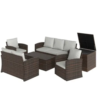 Conjunto de Jardín Exterior de Ratán 6 Piezas Cojines Sofá Doble Sofá 3 Plazas 2 Sillones 2 Mesas Auxiliares Beige