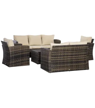 Conjunto de Jardín Exterior de Ratán 6 Piezas Cojines Sofá Doble Sofá 3 Plazas 2 Sillones 2 Mesas Auxiliares Caqui