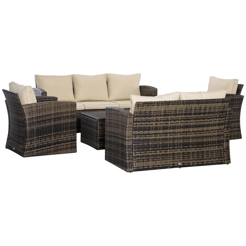 Conjunto de Jardín Exterior de Ratán 6 Piezas Cojines Sofá Doble Sofá 3 Plazas 2 Sillones 2 Mesas Auxiliares Caqui