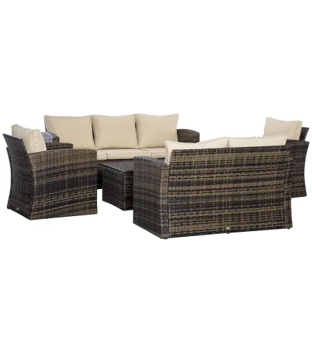 Conjunto de Jardín Exterior de Ratán 6 Piezas Cojines Sofá Doble Sofá 3 Plazas 2 Sillones 2 Mesas Auxiliares Caqui