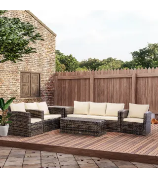 Conjunto de Jardín Exterior de Ratán 6 Piezas Cojines Sofá Doble Sofá 3 Plazas 2 Sillones 2 Mesas Auxiliares Caqui