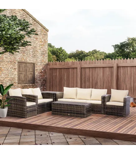 Conjunto de Jardín Exterior de Ratán 6 Piezas Cojines Sofá Doble Sofá 3 Plazas 2 Sillones 2 Mesas Auxiliares Caqui