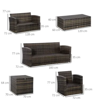 Conjunto de Jardín Exterior de Ratán 6 Piezas Cojines Sofá Doble Sofá 3 Plazas 2 Sillones 2 Mesas Auxiliares Caqui