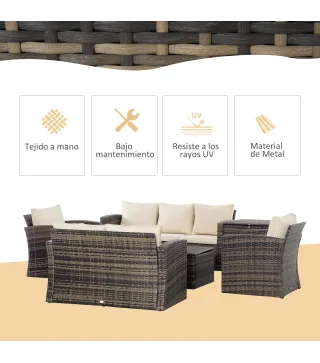 Conjunto de Jardín Exterior de Ratán 6 Piezas Cojines Sofá Doble Sofá 3 Plazas 2 Sillones 2 Mesas Auxiliares Caqui