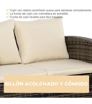Conjunto de Jardín Exterior de Ratán 6 Piezas Cojines Sofá Doble Sofá 3 Plazas 2 Sillones 2 Mesas Auxiliares Caqui