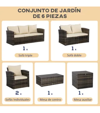 Conjunto de Jardín Exterior de Ratán 6 Piezas Cojines Sofá Doble Sofá 3 Plazas 2 Sillones 2 Mesas Auxiliares Caqui