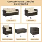 Conjunto de Jardín Exterior de Ratán 6 Piezas Cojines Sofá Doble Sofá 3 Plazas 2 Sillones 2 Mesas Auxiliares Caqui