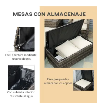 Conjunto de Jardín Exterior de Ratán 6 Piezas Cojines Sofá Doble Sofá 3 Plazas 2 Sillones 2 Mesas Auxiliares Caqui