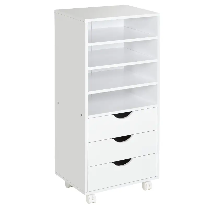 Cajonera de Oficina con 3 Cajones y 4 Estantes Abiertos Cajonera Escritorio con Ruedas para Oficina 38x40x86,8 cm Blanco