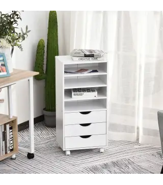 Cajonera de Oficina con 3 Cajones y 4 Estantes Abiertos Cajonera Escritorio con Ruedas para Oficina 38x40x86,8 cm Blanco