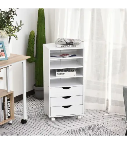 Cajonera de Oficina con 3 Cajones y 4 Estantes Abiertos Cajonera Escritorio con Ruedas para Oficina 38x40x86,8 cm Blanco