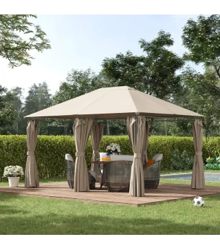 Cenador de Jardín 4x3 m con 6 Paredes Laterales 8 Orificios de Drenaje y Marco de Acero para Fiestas Patio Caqui