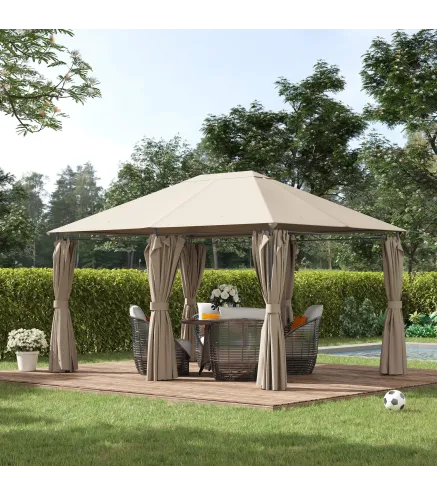 Cenador de Jardín 4x3 m con 6 Paredes Laterales 8 Orificios de Drenaje y Marco de Acero para Fiestas Patio Caqui
