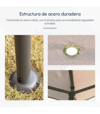 Cenador de Jardín 4x3 m con 6 Paredes Laterales 8 Orificios de Drenaje y Marco de Acero para Fiestas Patio Caqui