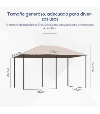 Cenador de Jardín 4x3 m con 6 Paredes Laterales 8 Orificios de Drenaje y Marco de Acero para Fiestas Patio Caqui