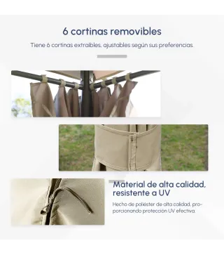 Cenador de Jardín 4x3 m con 6 Paredes Laterales 8 Orificios de Drenaje y Marco de Acero para Fiestas Patio Caqui