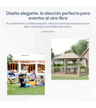 Cenador de Jardín 4x3 m con 6 Paredes Laterales 8 Orificios de Drenaje y Marco de Acero para Fiestas Patio Caqui