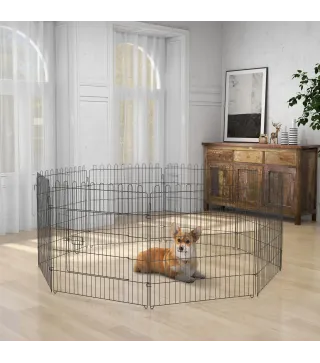 Parque de Juegos para Perros 8 Paneles 76x71 cm Plegables Jaula Metálica para Mascotas con Puerta para Jardín Patio Exterior Neg