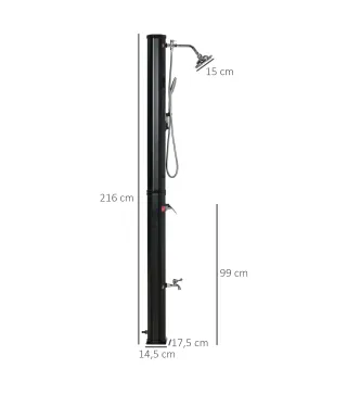 Ducha Solar de Exterior de 35L con 2 Cabezales de Ducha Grifo y Agua Caliente 0-55℃ para Jardín 17,5x14,5x216 cm Negro