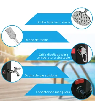 Ducha Solar de Exterior de 35L con 2 Cabezales de Ducha Grifo y Agua Caliente 0-55℃ para Jardín 17,5x14,5x216 cm Negro