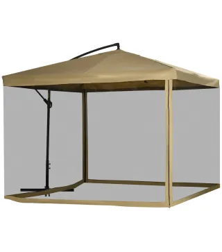 Sombrilla de Jardín Excéntrica 296x296x265 cm con Manivela Mosquitera y Base Cruzada para Terraza Patio Color Beige