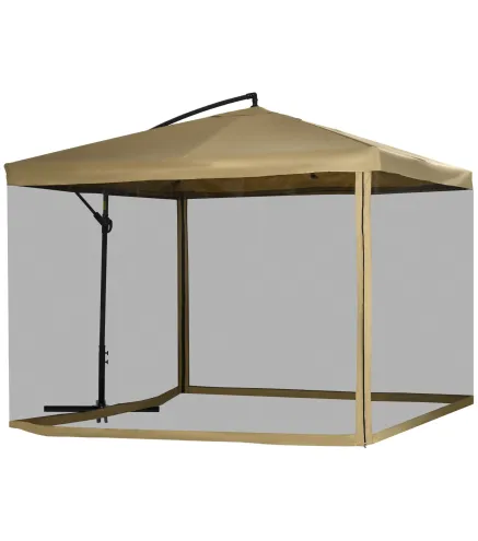 Sombrilla de Jardín Excéntrica 296x296x265 cm con Manivela Mosquitera y Base Cruzada para Terraza Patio Color Beige