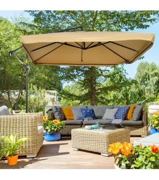 Sombrilla de Jardín Excéntrica 296x296x265 cm con Manivela Mosquitera y Base Cruzada para Terraza Patio Color Beige