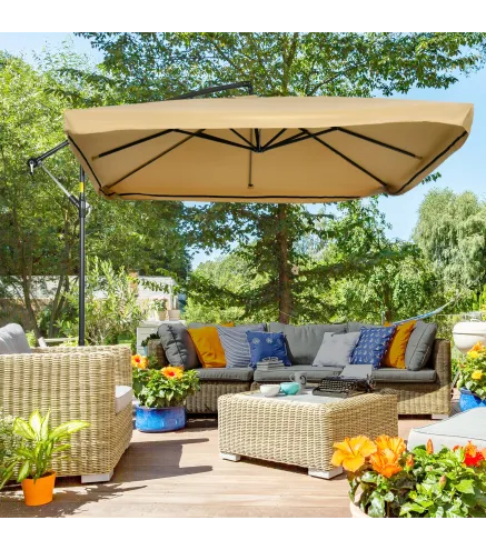 Sombrilla de Jardín Excéntrica 296x296x265 cm con Manivela Mosquitera y Base Cruzada para Terraza Patio Color Beige