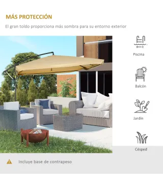 Sombrilla de Jardín Excéntrica 296x296x265 cm con Manivela Mosquitera y Base Cruzada para Terraza Patio Color Beige