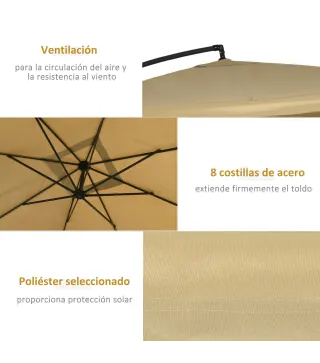 Sombrilla de Jardín Excéntrica 296x296x265 cm con Manivela Mosquitera y Base Cruzada para Terraza Patio Color Beige