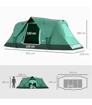 Tienda de Acampada para 5-6 Personas Impermeable 3000mm+ con Bolsa de Transporte y Gancho 455x220x180 cm Verde