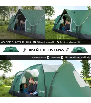 Tienda de Acampada para 5-6 Personas Impermeable 3000mm+ con Bolsa de Transporte y Gancho 455x220x180 cm Verde