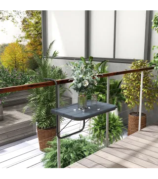 Mesa Colgante para Balcón Plegable de Aluminio con Altura Ajustable en 4 Niveles Carga 25 kg 60x40x55-64 cm Negro